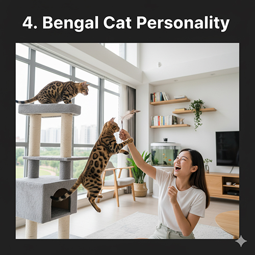 Mèo Bengal chơi đùa cùng cô gái trong phòng khách sáng, tràn đầy năng lượng.