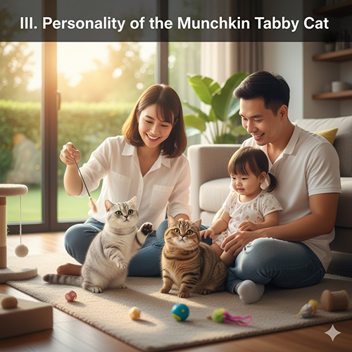 Gia đình chơi đùa cùng hai mèo Munchkin Tabby trong phòng khách ấm cúng, thể hiện tính cách thân thiện và năng động của giống mèo