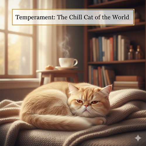 Mèo Ba Tư lông ngắn Exotic Shorthair màu vàng kem nằm thư giãn trên chăn, minh họa tính cách điềm tĩnh và “chill”.