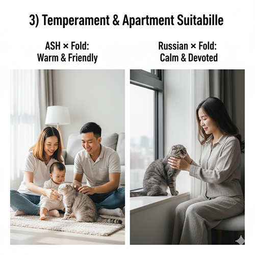 Gia đình nhỏ chơi cùng mèo Scottish Fold lai American Shorthair và người phụ nữ ngồi cạnh cửa sổ vuốt ve mèo Russian Fold trong căn hộ sáng