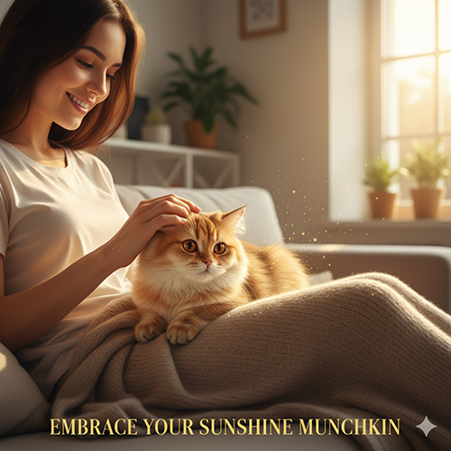 Cô gái vuốt ve mèo Munchkin Golden trên đùi trong căn phòng ngập nắng, biểu cảm hạnh phúc và ấm áp.