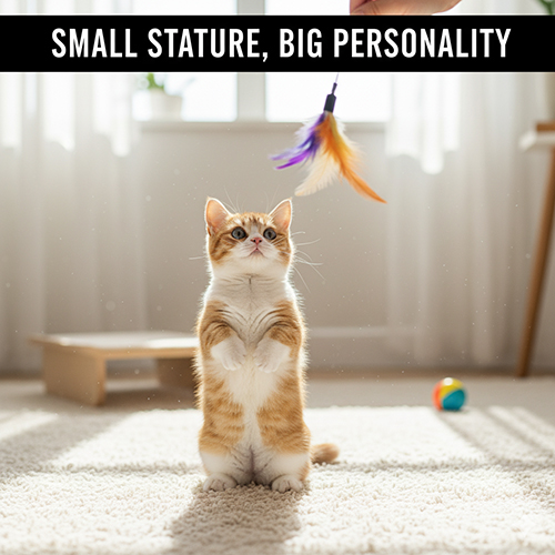 Mèo Munchkin màu vàng trắng đứng bằng hai chân sau trong phòng sáng tự nhiên, chăm chú nhìn món đồ chơi lông vũ – thể hiện tính cách thông minh, hiếu kỳ và thân thiện đặc trưng.