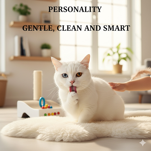 Mèo Munchkin trắng mắt hai màu đang tự liếm chân trên thảm lông mềm, thể hiện tính cách sạch sẽ, dịu dàng và thông minh trong không gian ấm áp.