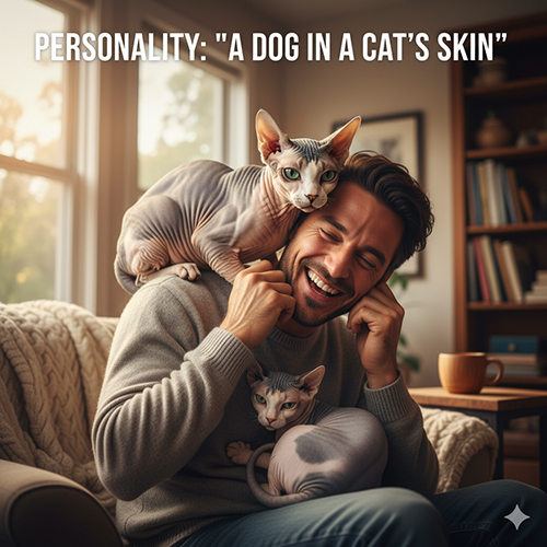 Hai mèo Sphynx quấn quýt bên một người đàn ông đang cười trong phòng khách ấm áp