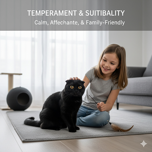 Bé gái chơi cùng mèo tai cụp đen trên thảm xám trong căn hộ sáng; thể hiện tính cách hiền lành và thân thiện của Scottish Fold