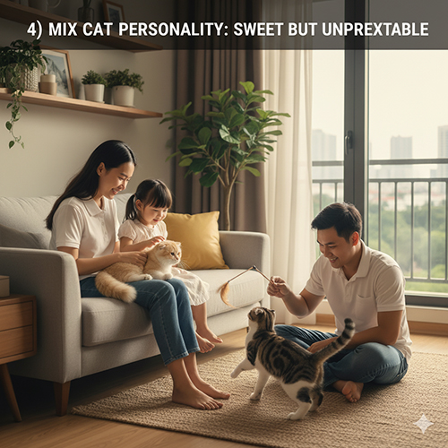 Gia đình trẻ cùng chơi đùa với hai chú mèo trong phòng khách, thể hiện tính cách thân thiện nhưng khó đoán của mèo tai cụp lai ta – vừa hiền lành, vừa giàu cảm xúc.