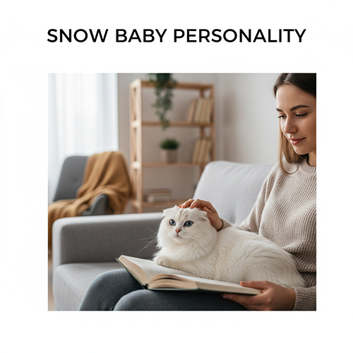 Cô gái vuốt ve mèo tai cụp trắng (Scottish Fold) đang nằm ngoan trong lòng khi đọc sách trên sofa.