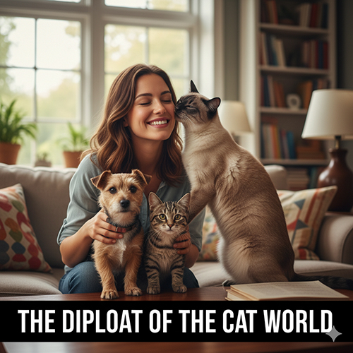 Mèo Xiêm thân mật với cô chủ và hai thú cưng khác trong phòng khách, thể hiện tính cách thân thiện và hòa đồng