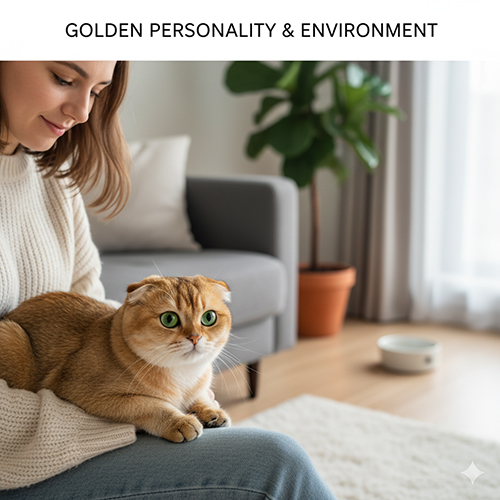 Mèo Scottish Fold golden nằm cuộn trong lòng chủ trong căn hộ sáng; minh họa tính cách hiền, quấn người và hợp không gian yên tĩnh.