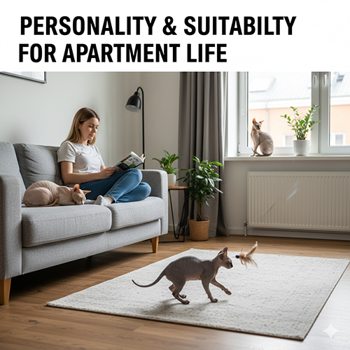 Mèo Không lông Sphynx trong căn hộ chơi đùa và nằm cạnh chủ, minh họa tính cách và mức phù hợp với chung cư