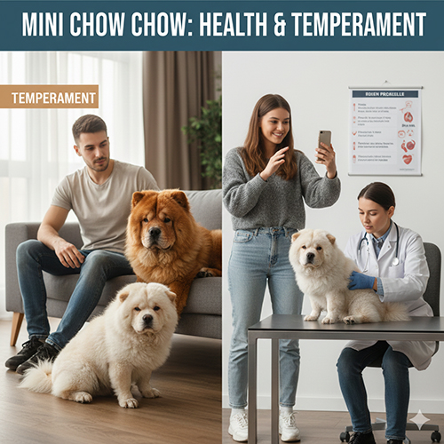 Chó Chow Chow mini trong sinh hoạt gia đình và khi được kiểm tra thú y, minh họa mối liên hệ giữa tính cách và sức khỏe