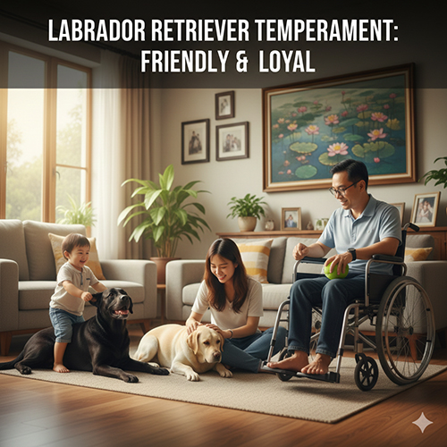 Ảnh chó Labrador Retriever thân thiện chơi cùng gia đình và người lớn tuổi trong phòng khách