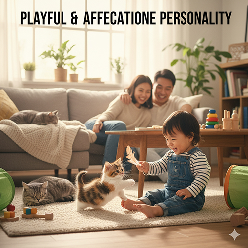 Bé gái chơi lông vũ với mèo Munchkin con; bố mẹ mỉm cười trên sofa trong phòng khách ấm áp – minh họa tính cách thân thiện, quấn chủ của Munchkin.