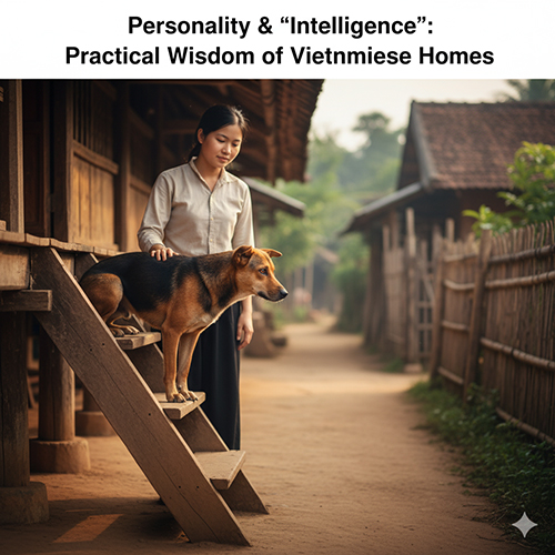 Người phụ nữ Việt Nam vuốt ve chú chó cỏ đứng trên bậc thang gỗ của ngôi nhà truyền thống, thể hiện sự gắn bó và thông minh thực tế của giống chó bản địa.