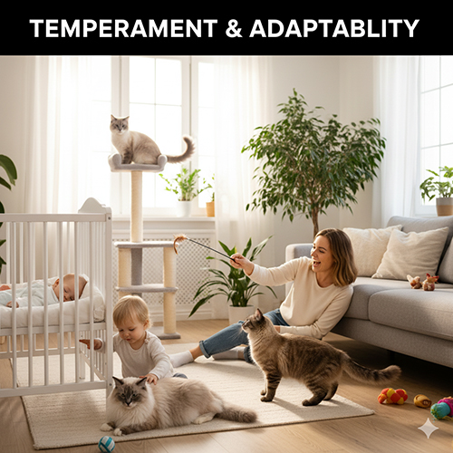 Một gia đình cùng nhiều mèo Xiêm lai đang chơi trong phòng khách sáng sủa, có em bé và mẹ đang tương tác vui vẻ với mèo.