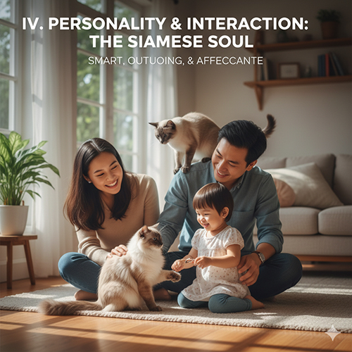 Gia đình chơi đùa cùng hai mèo Xiêm trong phòng khách sáng, thể hiện tính cách hướng ngoại và quấn người của giống mèo Xiêm