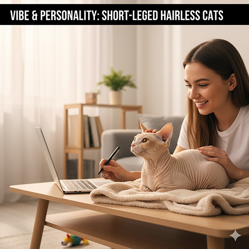 Một cô gái đang làm việc với laptop và vuốt ve mèo không lông chân ngắn trên bàn, minh họa tính cách quấn người và năng lượng vừa của Bambino/Minskin