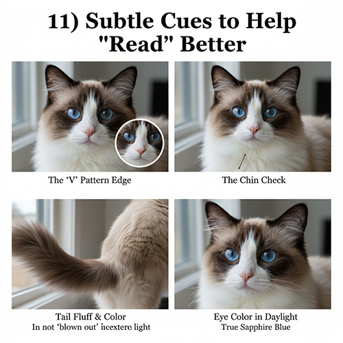 Bốn cận cảnh mèo Ragdoll bicolor, minh họa các tín hiệu tinh tế: mép chữ V, cằm trắng, màu đuôi và màu mắt dưới ánh sáng tự nhiên.