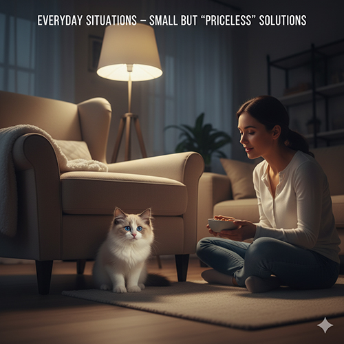 Mèo Ragdoll con ngồi cạnh chủ trong phòng khách ban đêm, minh họa các tình huống đời thường và cách xử lý