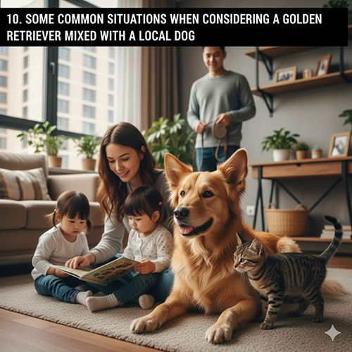 Gia đình có trẻ nhỏ chơi cùng chó Golden lai chó cỏ trong phòng khách