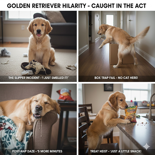 Hình chó Golden Retriever bị bắt quả tang: ôm dép, chui đầu vào hộp, ngủ gật và lén lấy đồ ăn
