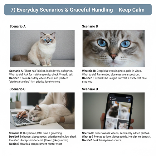 Bộ ảnh 4 tình huống thường gặp khi xem mèo Ragdoll “lông ngắn” và gợi ý cách xử lý an toàn, tỉnh táo.