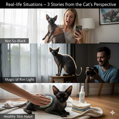 Ba tình huống minh họa về mèo Sphynx đen: nhầm màu vì ánh sáng, chụp rim light đẹp, và chăm da đúng cách