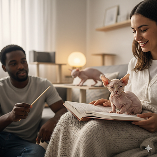 Một bé mèo không lông ngồi trên cuốn sách trong lòng cô gái, cạnh đó là một người đàn ông đang trò chuyện; minh họa tình huống thực tế khi đón bé Bambino đầu tiên