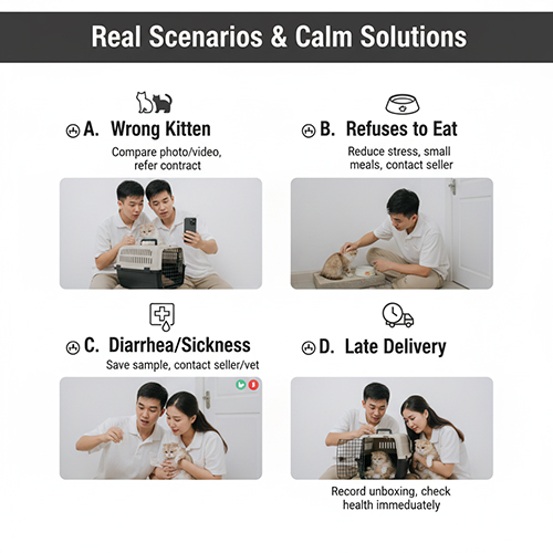 Cặp đôi xử lý các tình huống thực tế khi mua mèo Scottish Fold như giao sai mèo, mèo bỏ ăn, tiêu chảy hoặc giao muộn