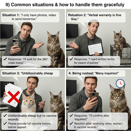 Ảnh minh họa các tình huống thường gặp khi mua mèo Maine Coon và cách phản hồi khéo léo như yêu cầu video 360°, bảo hành văn bản và sổ tiêm.