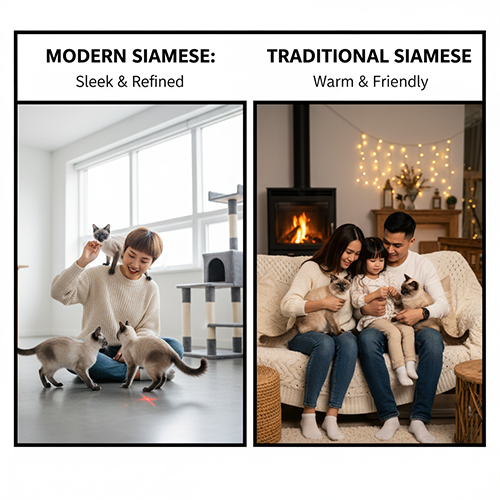 So sánh độ phù hợp môi trường sống của mèo Xiêm hiện đại và mèo Xiêm truyền thống