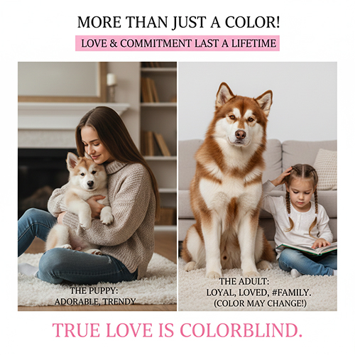 Khoảnh khắc gắn bó giữa chó Alaska con và Alaska trưởng thành trong gia đình, nhấn mạnh tình yêu vượt qua màu lông