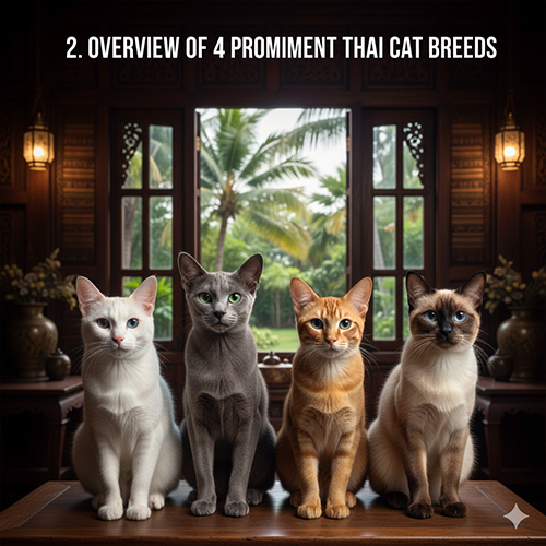 Bốn giống mèo Thái Lan nổi bật gồm Khao Manee Korat Suphalak và Thai Cat ngồi cạnh nhau