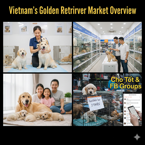 Tổng quan thị trường mua bán chó Golden Retriever tại Việt Nam với hình ảnh trại chó, pet shop, gia đình nuôi đẻ tại nhà và chó Golden rao bán trên Chợ Tốt, group Facebook