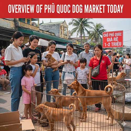 Người mua xem chó Phú Quốc tại chợ với biển quảng cáo giá rẻ 1–2 triệu