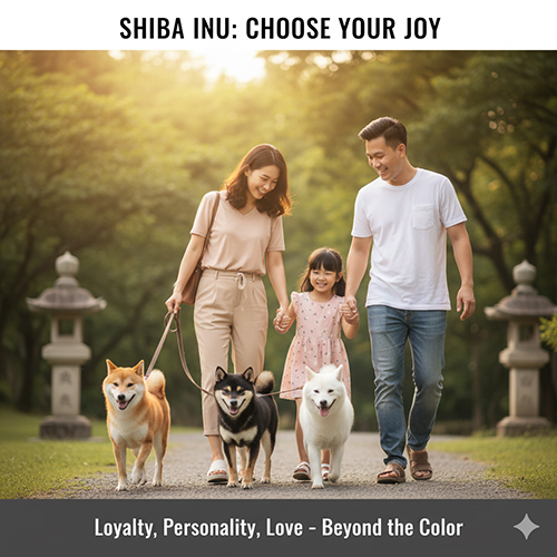 Gia đình dắt ba chó Shiba màu vàng, đen và trắng dạo trong công viên, ánh sáng chiều nhẹ nhàng