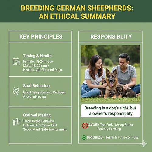 Ảnh tóm tắt nguyên tắc phối giống chó Becgie có trách nhiệm: độ tuổi phù hợp, chọn đực giống tốt, canh ngày vàng và ưu tiên phúc lợi của chó mẹ – đàn con.