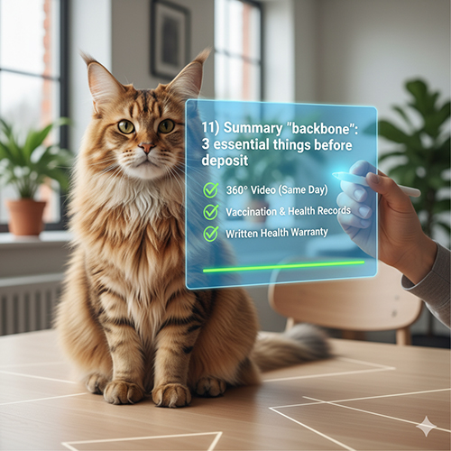 Ảnh minh họa tóm tắt 3 điều cần có trước khi đặt cọc mua mèo Maine Coon: video 360°, sổ tiêm và bảo hành bằng văn bản.