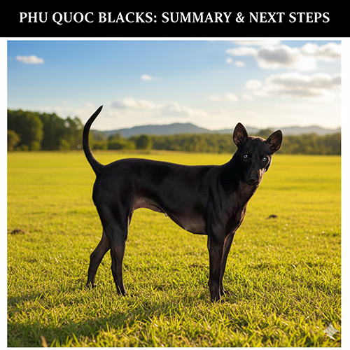 Chó Phú Quốc đen đứng trên đồng cỏ, dáng thẳng, thần thái điềm tĩnh