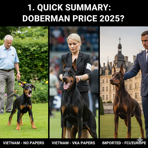 Infographic tóm tắt nhanh giá chó Doberman 2025 với 3 mức: Việt Nam không giấy, Việt Nam có giấy VKA và Doberman nhập khẩu FCI/ châu Âu