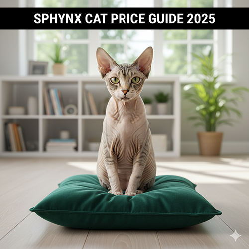 Ảnh mèo Không lông Sphynx ngồi trên gối xanh trong phòng sáng – minh họa phần tóm tắt “mèo Không lông giá bao nhiêu”