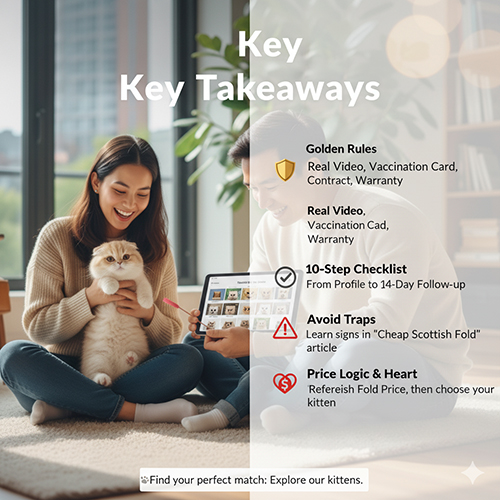 Cặp đôi xem danh mục mèo Scottish Fold trên máy tính bảng cùng chú mèo trong lòng, minh họa phần tóm tắt quy trình mua an toàn