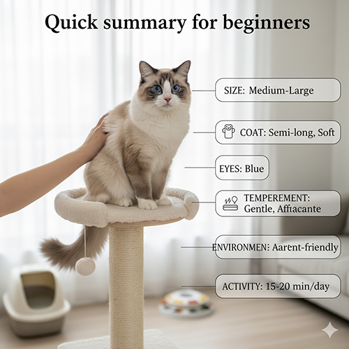 Mèo Ragdoll ngồi trên cat tree cùng bảng tóm tắt kích thước, lông, mắt, tính cách và nhu cầu vận động dành cho người mới.
