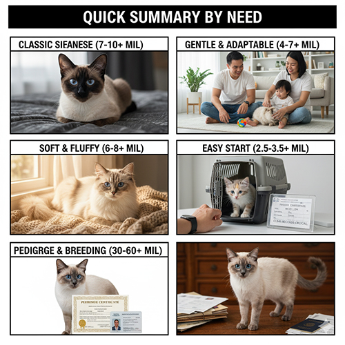 Bộ ảnh trình bày bảng tóm tắt nhanh các nhóm giá mèo Xiêm theo nhu cầu nuôi và ngân sách