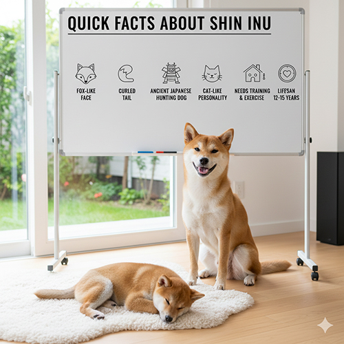 Tóm tắt nhanh về giống chó Shiba Inu với hai bé Shiba trong phòng khách và bảng trắng ghi các đặc điểm chính