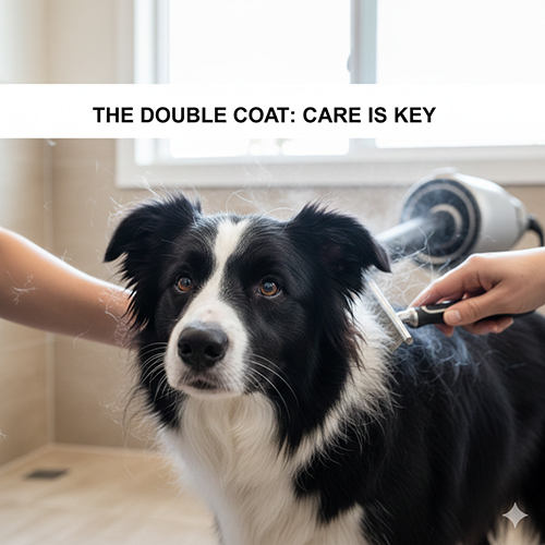 Bộ lông hai lớp của chó Border Collie gồm lông ngoài cứng và lông trong mềm dày cần chăm sóc đúng cách