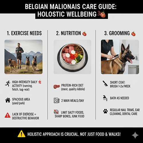 Infographic tổng quan cách nuôi và chăm sóc chó Béc Bỉ Malinois: vận động, dinh dưỡng, vệ sinh