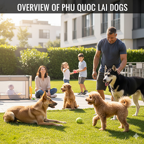 Ảnh tổng quan về các kiểu chó Phú Quốc lai trong môi trường gia đình, minh họa lý do giống lai này được nhiều người quan tâm.