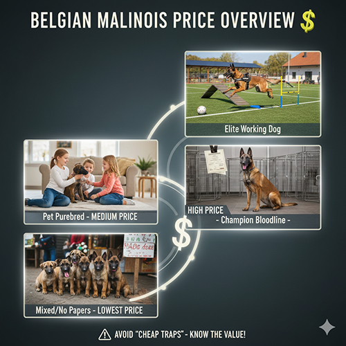 Ảnh tổng quan các mức giá chó Béc Bỉ Malinois: chó lai giá thấp, chó pet thuần giá trung bình, Malinois có giấy giá cao và Malinois nghiệp vụ giá cao nhất