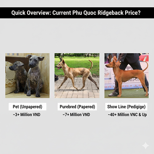 Infographic tổng quan nhanh giá chó Phú Quốc 2–4 tháng theo 3 phân khúc pet, thuần trại giấy VKA và dòng show